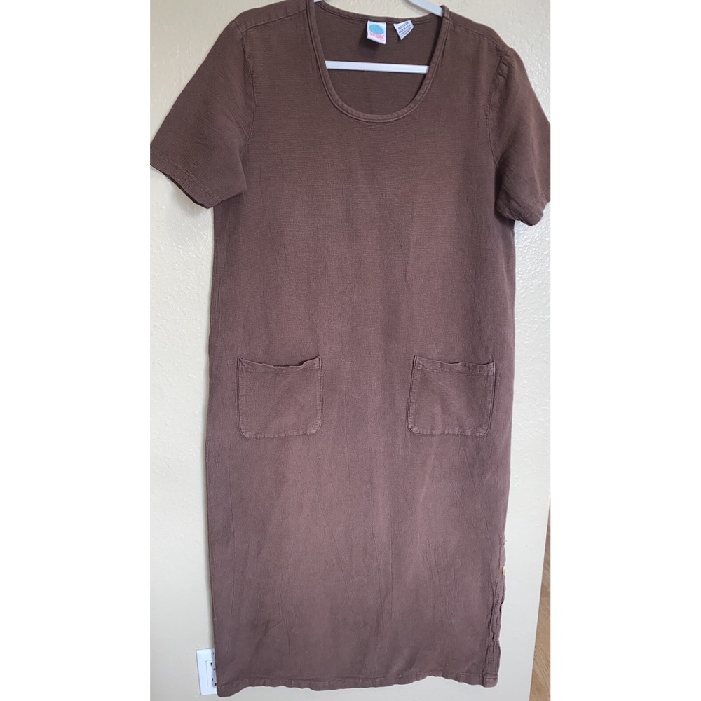 VTG Wek Dress Womens Brown Short Sleeve Maxi Cotton Made in USA Pockets Large